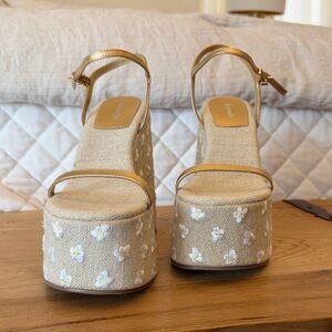 Larroude Gold and Cream Floral Platform Sandals